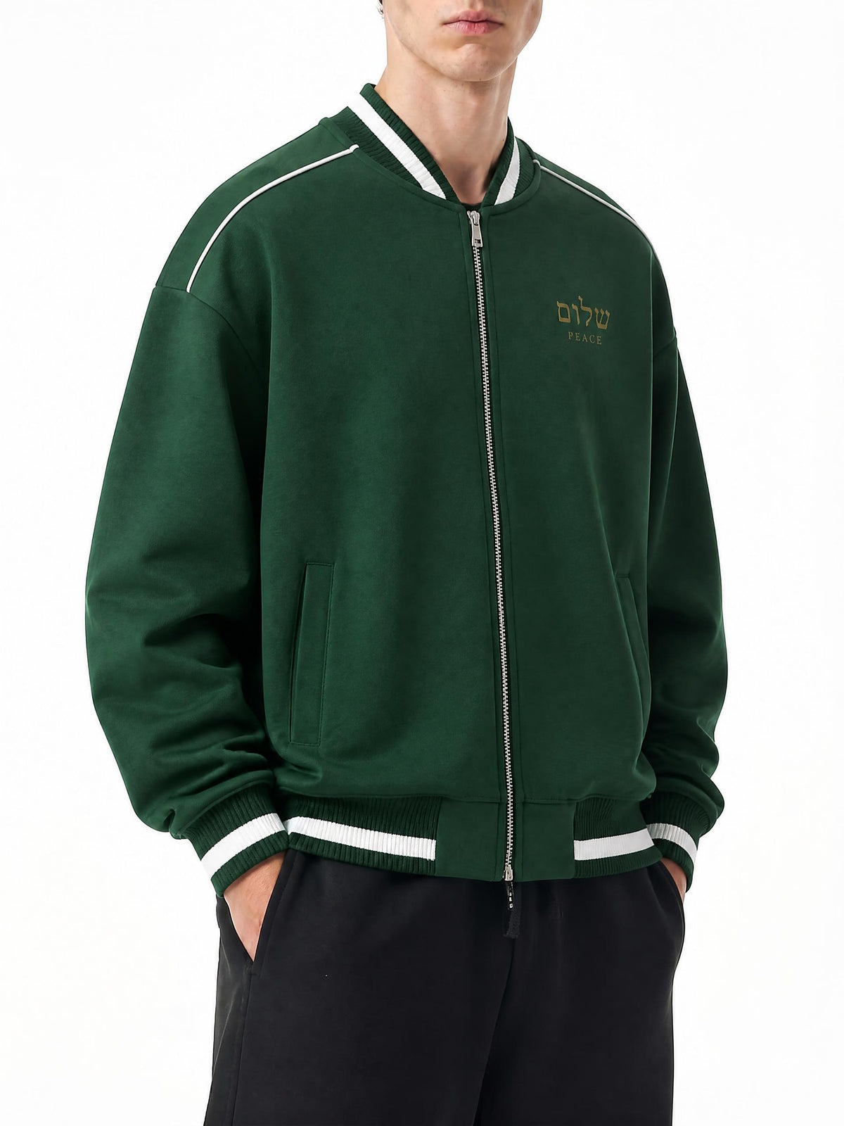 PS23 Hebrew Peace Contrast Piping Zip Bomber Jacket