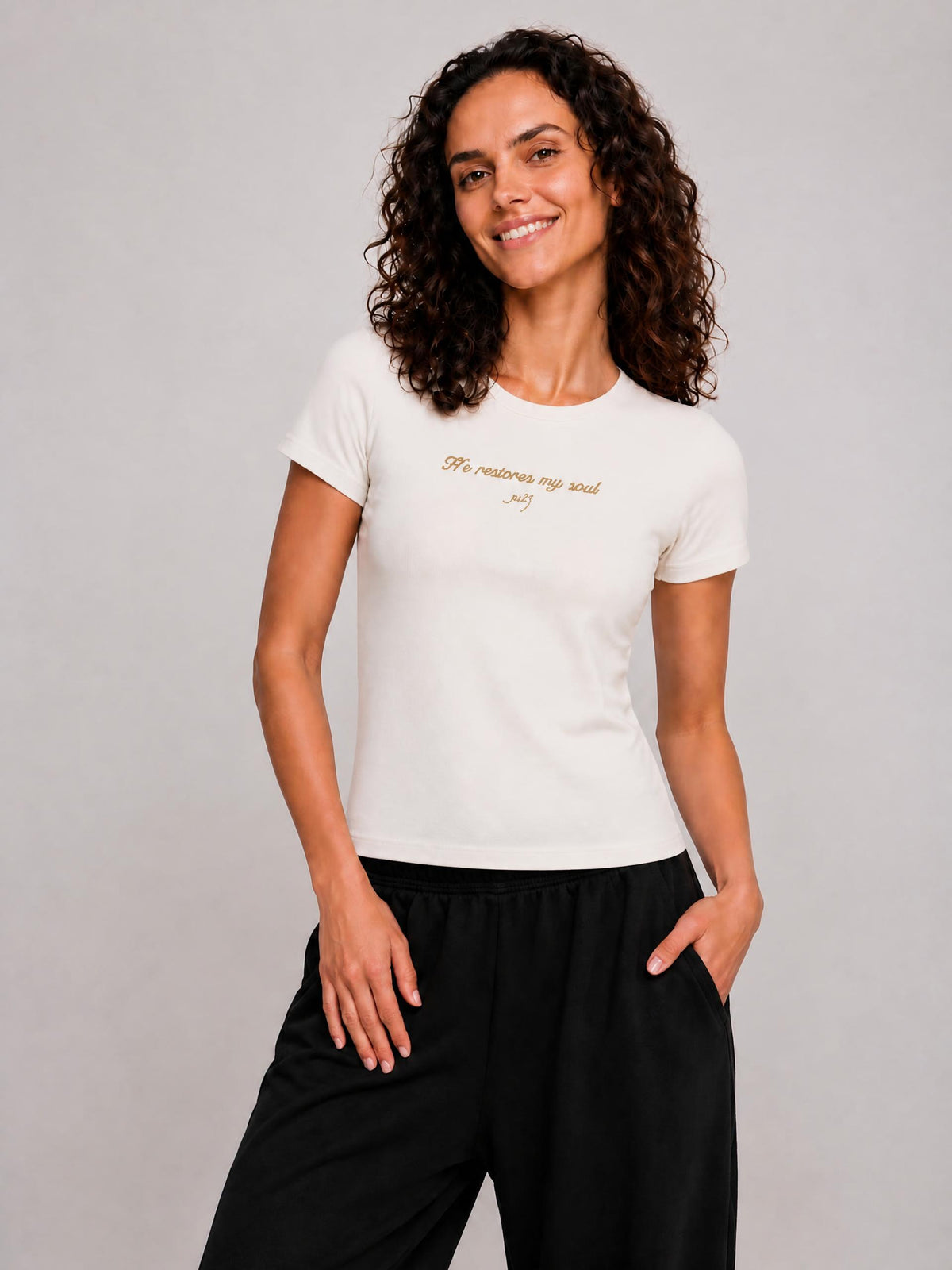 PS23 Embroidery He restores my soul Women Essential Standard Shoulder T-Shirt